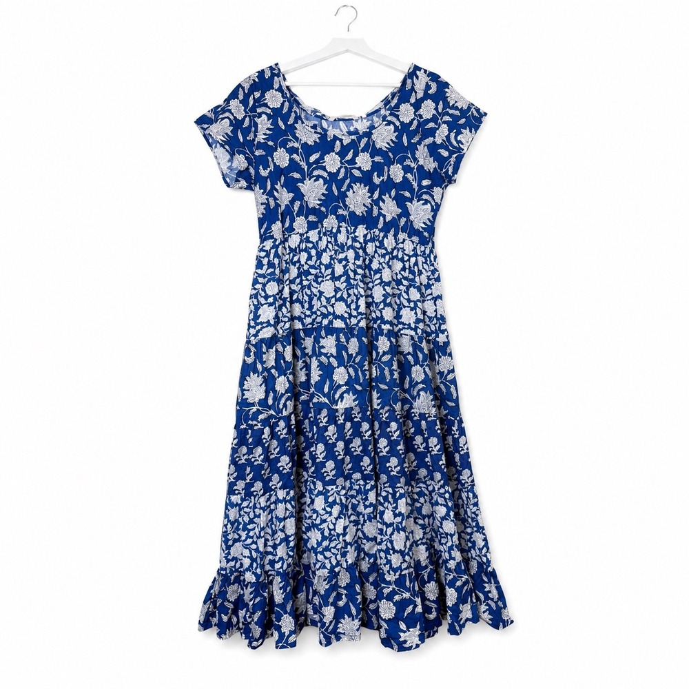 Soft Surroundings Womens Blue Floral Block Print Boho Tiered Maxi DressSize M